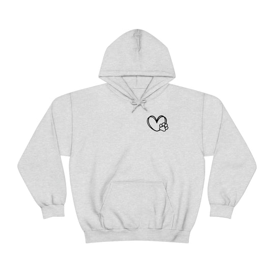 Unisex Dogs are my Favorite People Hoodie, white with heart and paw print, cotton-polyester blend, kangaroo pocket, cozy hood, tear-away label, classic fit. Sizes: S-5XL. Ideal for casual comfort.