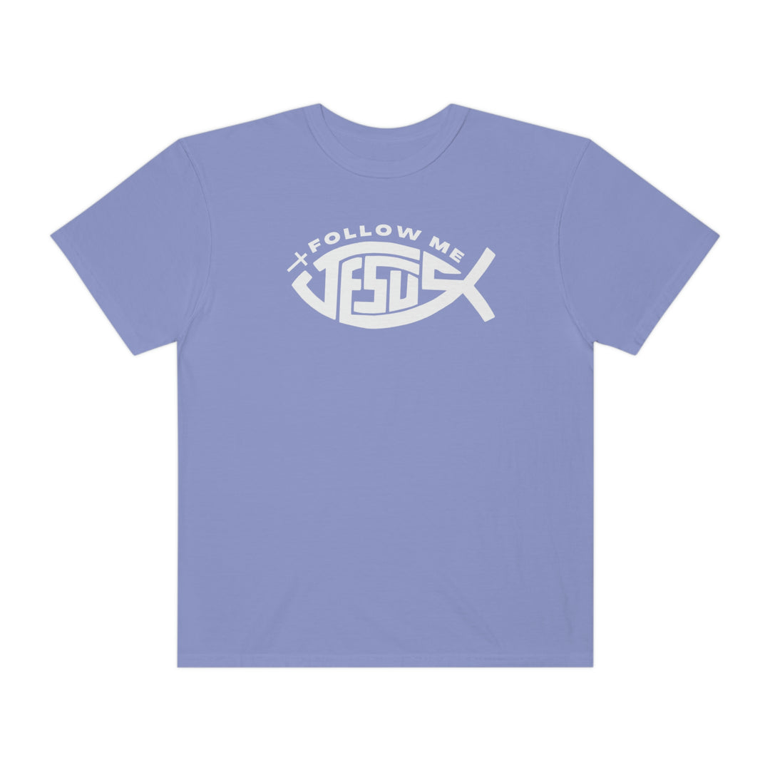A relaxed-fit Jesus Follow Me Tee, crafted from 100% ring-spun cotton. Garment-dyed for extra coziness, featuring double-needle stitching for durability and a seamless design for a sleek look.
