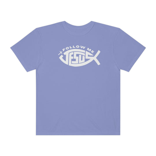 A relaxed-fit Jesus Follow Me Tee, crafted from 100% ring-spun cotton. Garment-dyed for extra coziness, featuring double-needle stitching for durability and a seamless design for a sleek look.