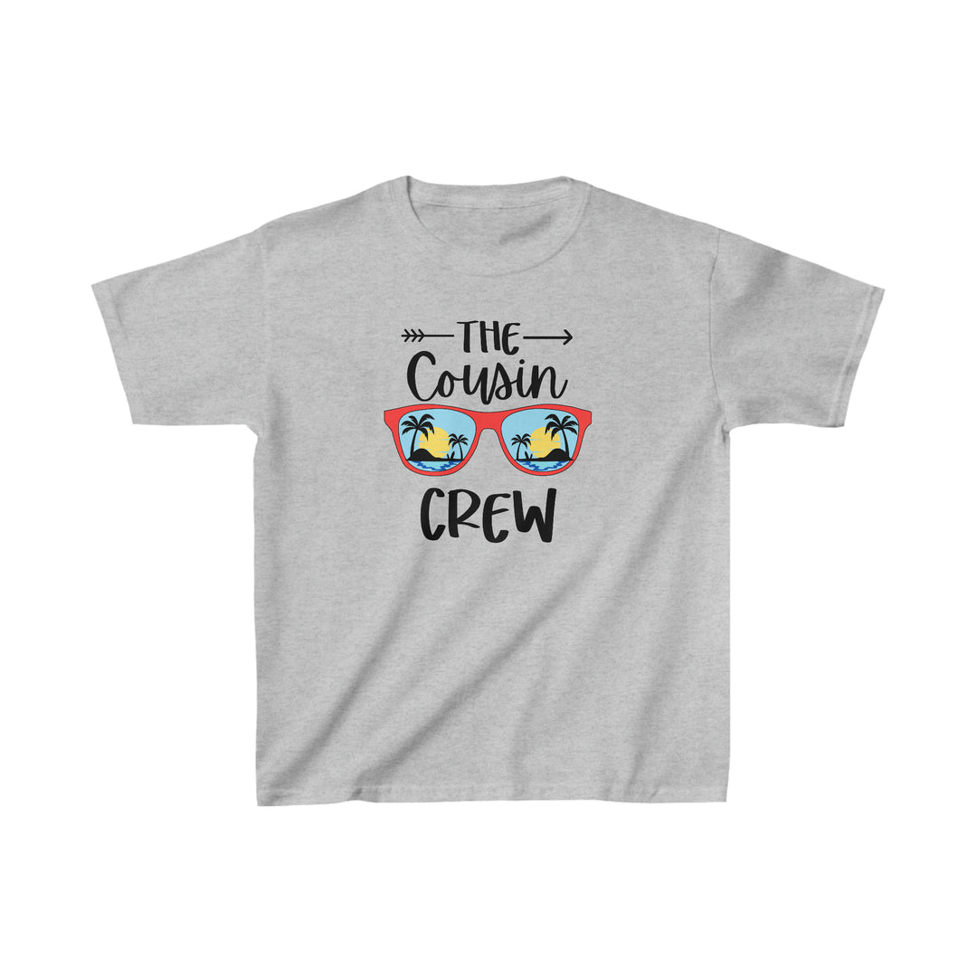 A grey kids tee with a graphic design, ideal for everyday wear. Made of 100% cotton, featuring twill tape shoulders and ribbed collar for durability. Classic fit, tear-away label, and no side seams.