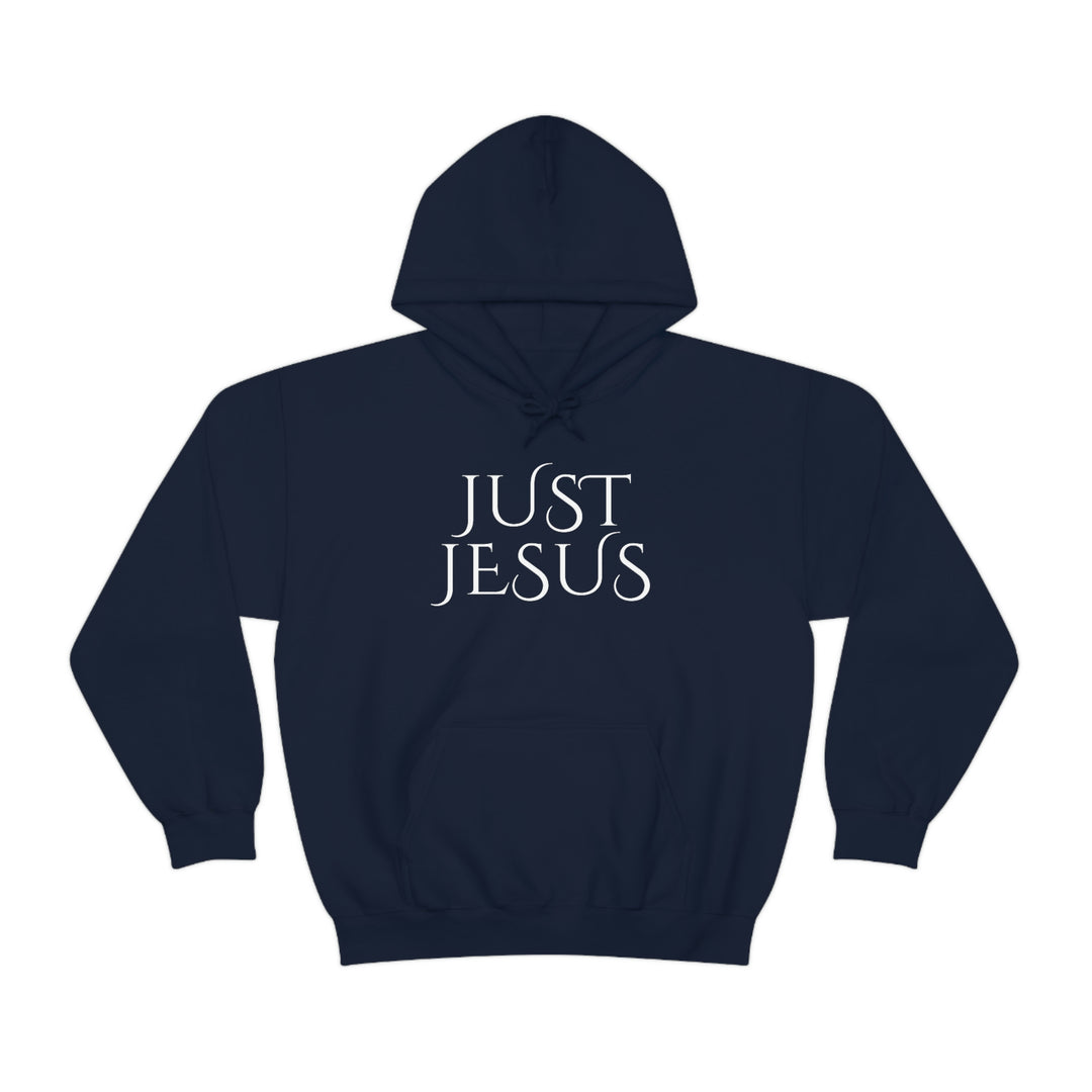 Unisex Just Jesus Hoodie: A cozy blend of cotton and polyester, featuring a kangaroo pocket and drawstring hood. Medium-heavy fabric for warmth and comfort. Ideal for printing.
