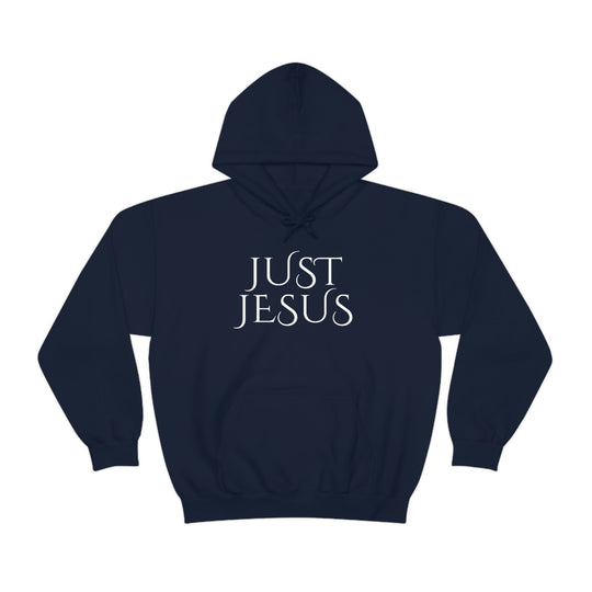 Unisex Just Jesus Hoodie: A cozy blend of cotton and polyester, featuring a kangaroo pocket and drawstring hood. Medium-heavy fabric for warmth and comfort. Ideal for printing.