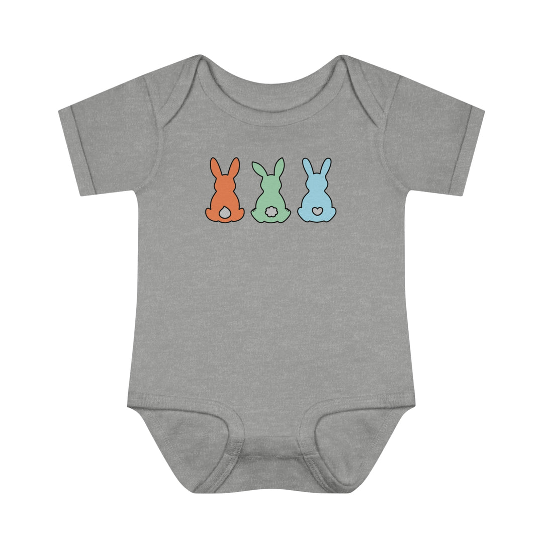 A soft, ring-spun cotton Bunnies Easter Onesie for infants. Features lap shoulders and a one-piece design for comfort and ease. Unisex fit, light fabric, perfect for younglings.