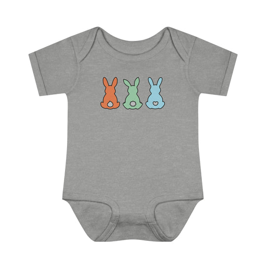A soft, ring-spun cotton Bunnies Easter Onesie for infants. Features lap shoulders and a one-piece design for comfort and ease. Unisex fit, light fabric, perfect for younglings.