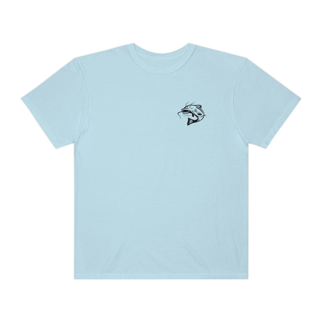 Flathead Fishing Unisex Tee by Comfort Colors: Light blue shirt with fish logo, 100% ring-spun cotton, relaxed fit, durable double-needle stitching, no side-seams. From Worlds Worst Tees.