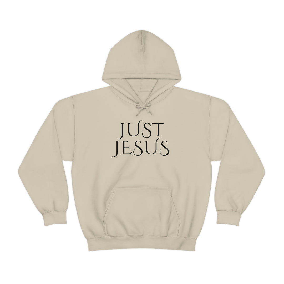 Unisex Just Jesus Hoodie: White hoodie with black text, kangaroo pocket, drawstring hood. Cotton-polyester blend, plush feel, no side seams, classic fit. Ideal for printing.