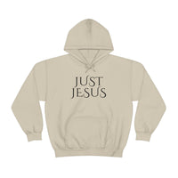Unisex Just Jesus Hoodie: White hoodie with black text, kangaroo pocket, drawstring hood. Cotton-polyester blend, plush feel, no side seams, classic fit. Ideal for printing.