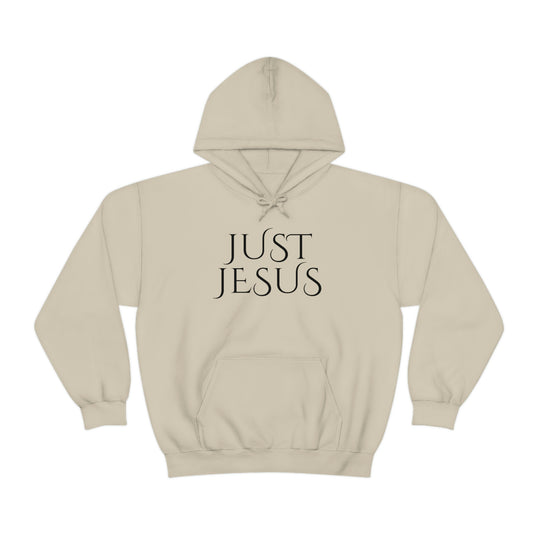 Unisex Just Jesus Hoodie: White hoodie with black text, kangaroo pocket, drawstring hood. Cotton-polyester blend, plush feel, no side seams, classic fit. Ideal for printing.