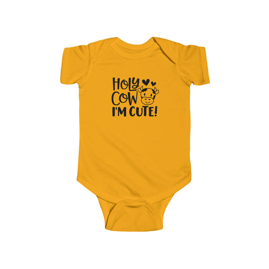 A yellow baby bodysuit with black text, featuring a cute cow face and hearts design. Made of 100% cotton, with ribbed knitting for durability and plastic snaps for easy changing access. From Worlds Worst Tees.