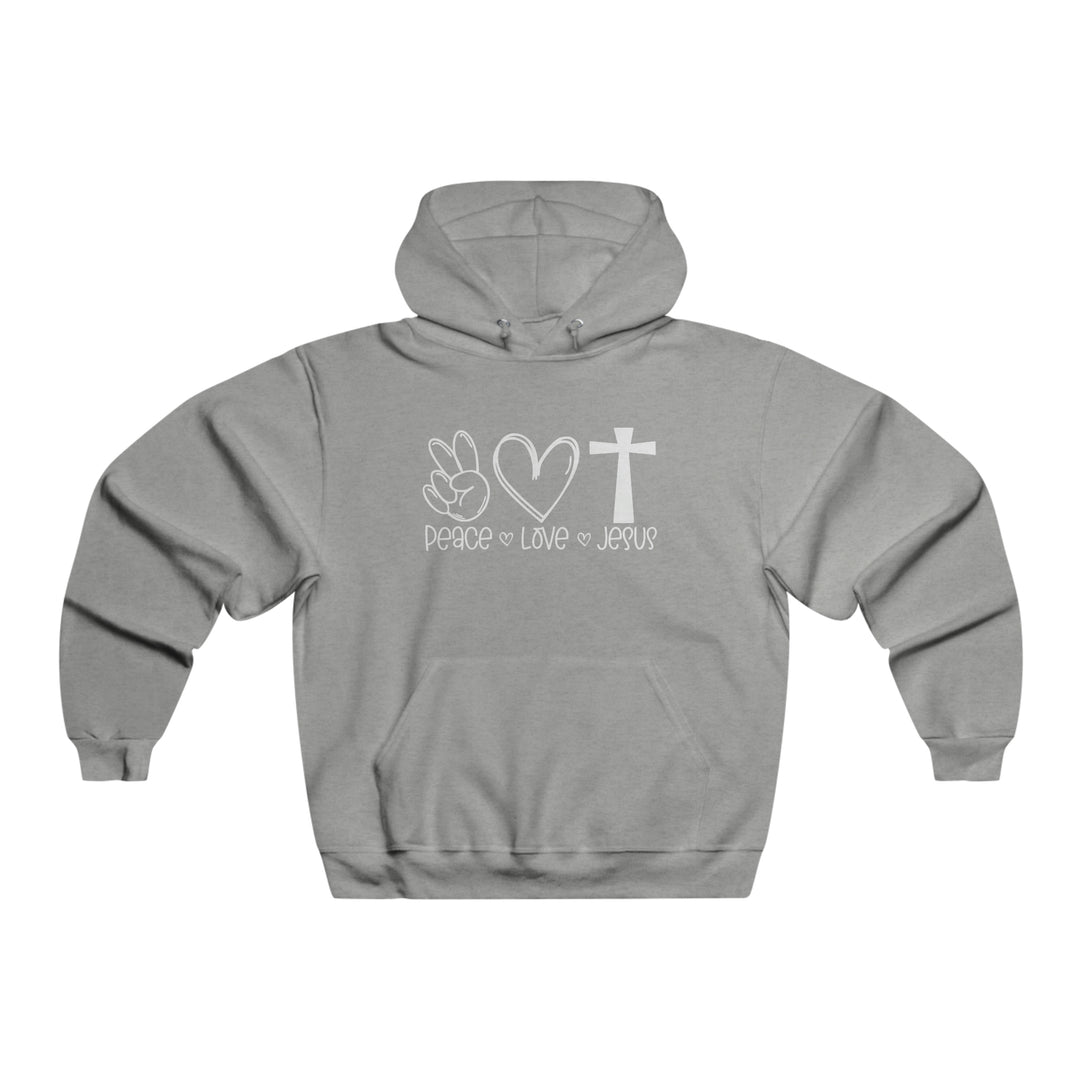 A grey hoodie featuring a peace sign, cross, and heart design, ideal for relaxation. Unisex heavy blend, cotton-polyester fabric with kangaroo pocket and drawstring hood. Peace Love and Jesus Hoodie by Worlds Worst Tees.