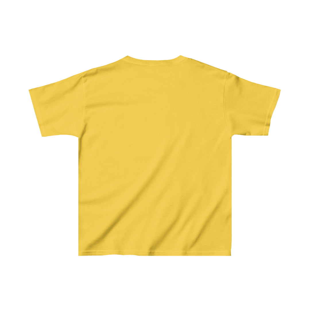 Kids Cousin Crew Tee, yellow shirt with white background. 100% cotton tee, ideal for everyday wear. Features twill tape shoulders, ribbed collar for durability, no side seams. Classic fit, tear-away label, runs true to size.