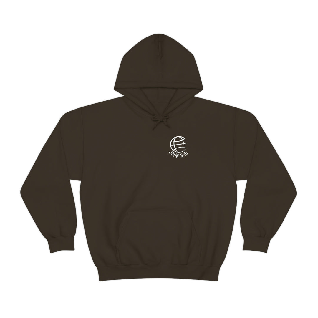 Unisex heavy blend hooded sweatshirt featuring For God So Loved the World logo. Cotton-polyester fabric, kangaroo pocket, drawstring hood. Classic fit, tear-away label, medium-heavy fabric. Ideal for warmth and comfort.
