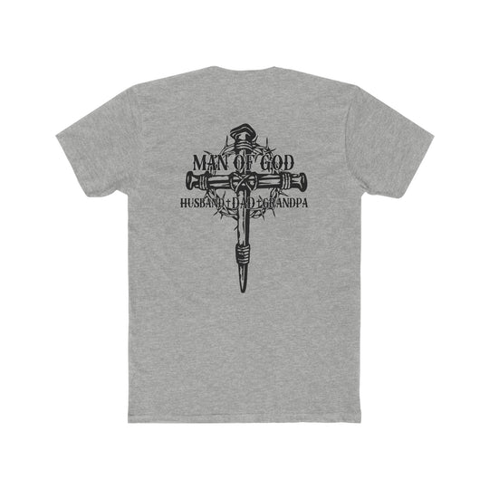 Relaxed fit Man of God Husband Dad Grandpa Tee, back view, featuring a cross and crown of thorns. Garment-dyed 100% ring-spun cotton shirt with double-needle stitching for durability and tubular shape.