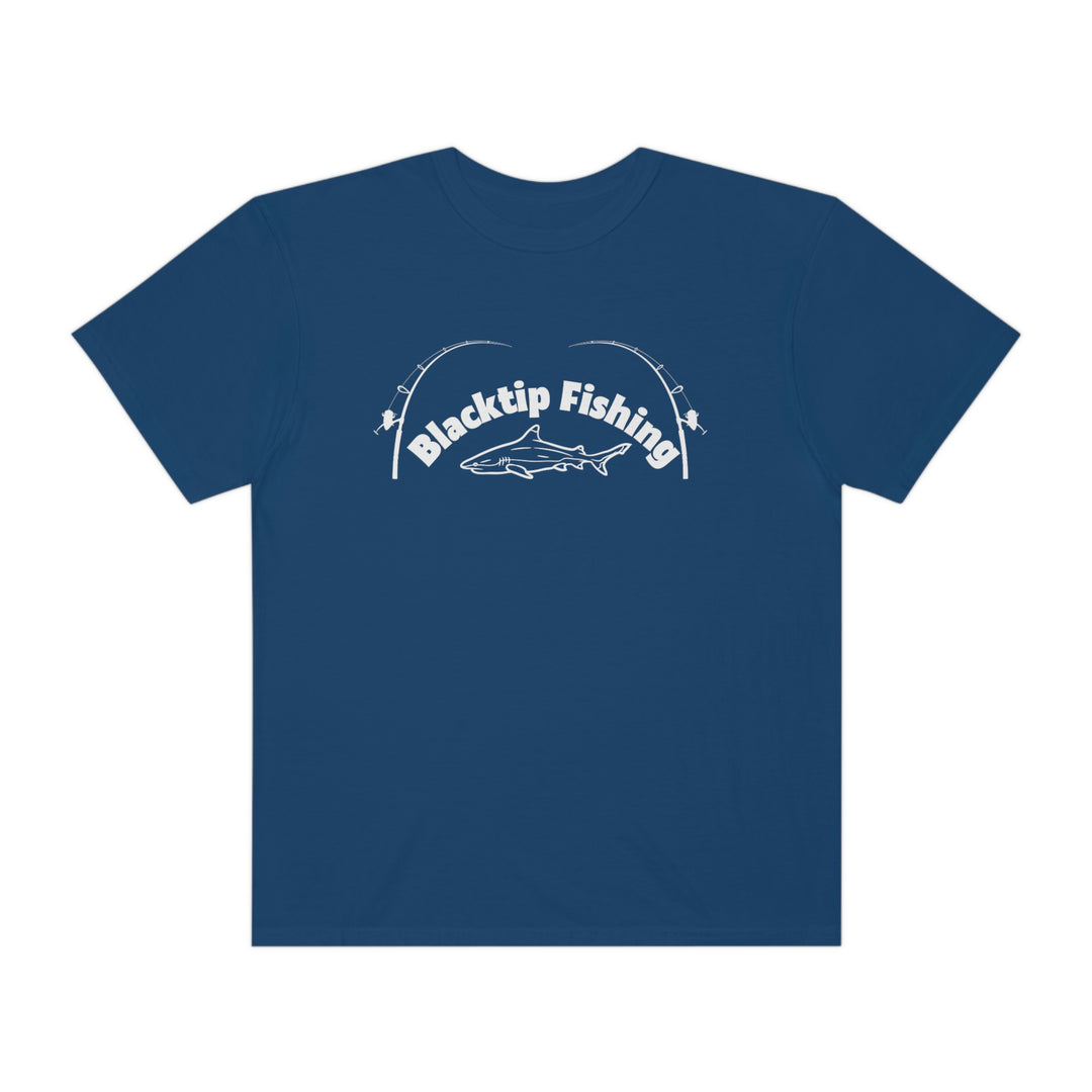 Blacktip Fishing Unisex Tee by Comfort Colors: Ring-spun cotton shirt with shark and fish design, durable double-needle stitching, and seamless sides. Perfect for daily wear. From Worlds Worst Tees.
