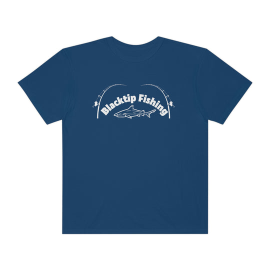 Blacktip Fishing Unisex Tee by Comfort Colors: Ring-spun cotton shirt with shark and fish design, durable double-needle stitching, and seamless sides. Perfect for daily wear. From Worlds Worst Tees.