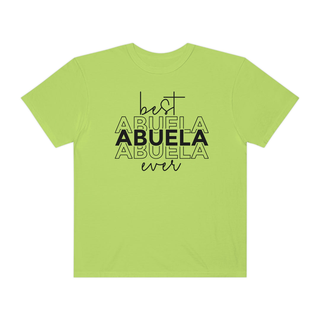 Garment-dyed Best Abuela Ever Tee, 100% ring-spun cotton, medium weight, relaxed fit, double-needle stitching for durability, tubular shape. Sizes: S, M, L, XL, 2XL, 3XL.