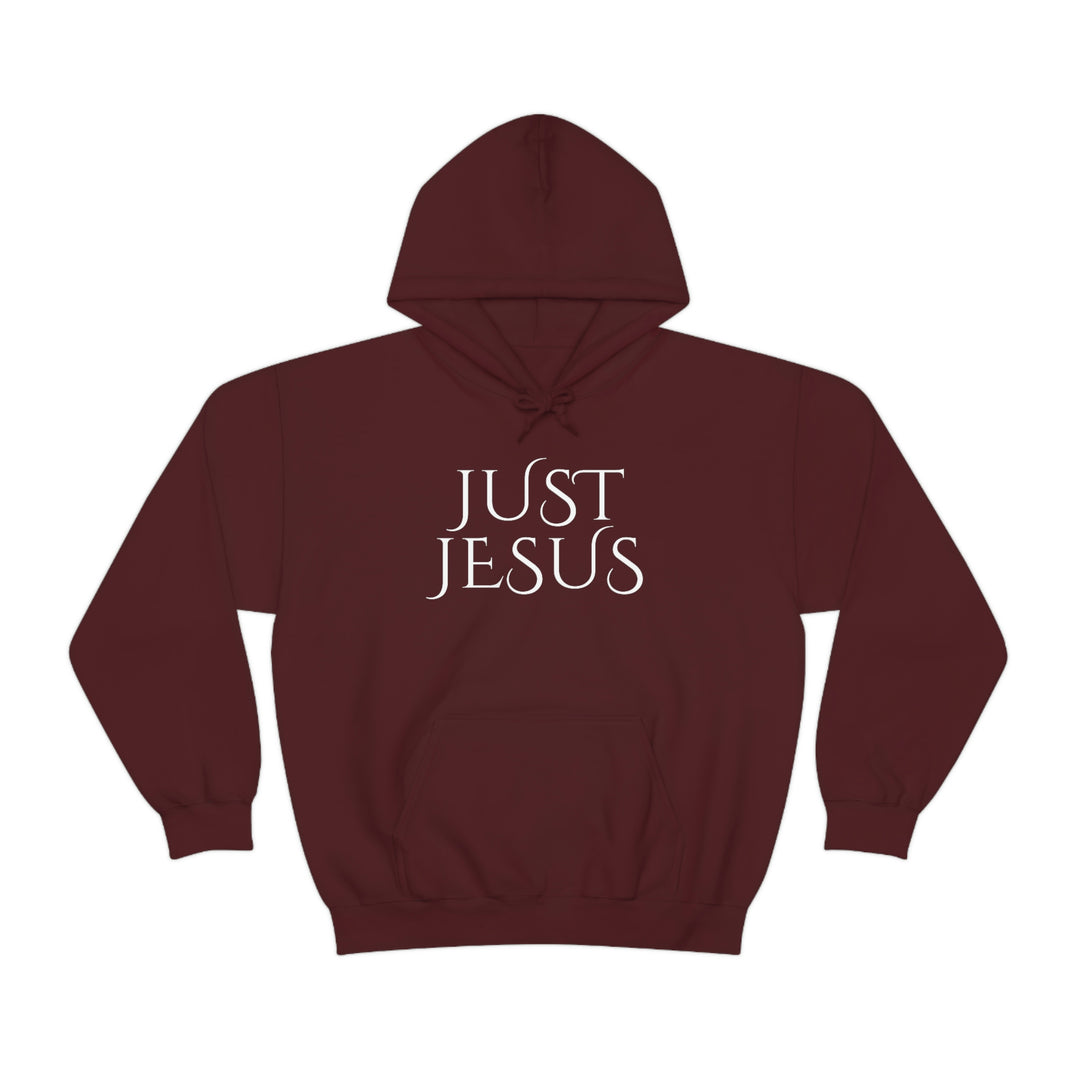 Unisex Just Jesus Hoodie: Maroon sweatshirt with white text, kangaroo pocket, and drawstring. Cotton-polyester blend, cozy, great for printing, classic fit. From Worlds Worst Tees.