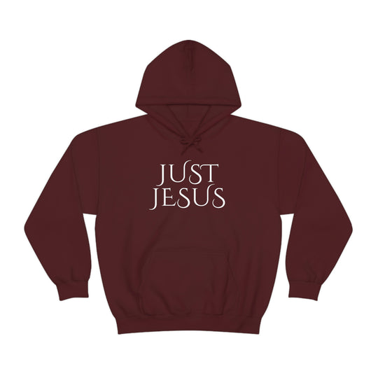 Unisex Just Jesus Hoodie: Maroon sweatshirt with white text, kangaroo pocket, and drawstring. Cotton-polyester blend, cozy, great for printing, classic fit. From Worlds Worst Tees.