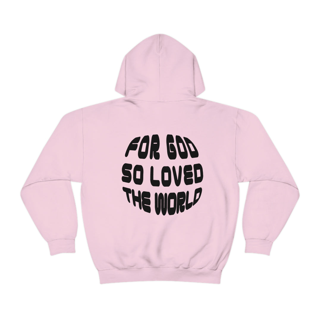 Unisex heavy blend hooded sweatshirt featuring For God So Loved the World text. Cotton-polyester fabric, kangaroo pocket, drawstring hood. Classic fit, tear-away label, medium-heavy fabric. From Worlds Worst Tees.