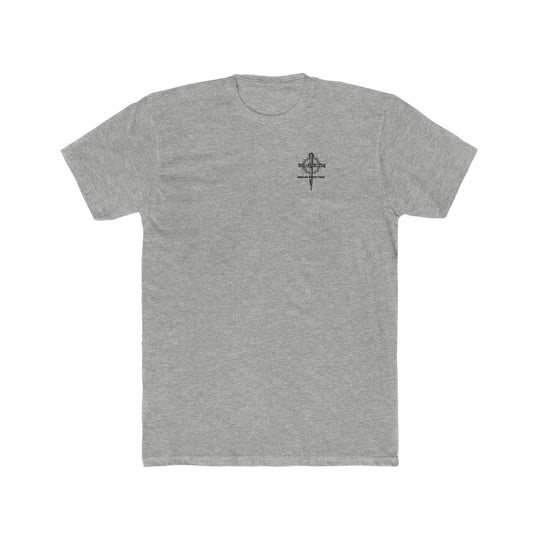 A relaxed-fit Man of God Husband Dad Grandpa Tee in grey, featuring a cross and crown of thorns design on soft ring-spun cotton. Durable double-needle stitching, no side-seams for tubular shape.