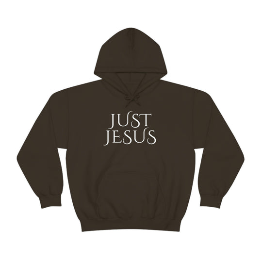 Unisex Just Jesus Hoodie: A cozy blend of cotton and polyester, featuring a kangaroo pocket and drawstring hood. Classic fit, tear-away label, ideal for printing. Sizes S-5XL.