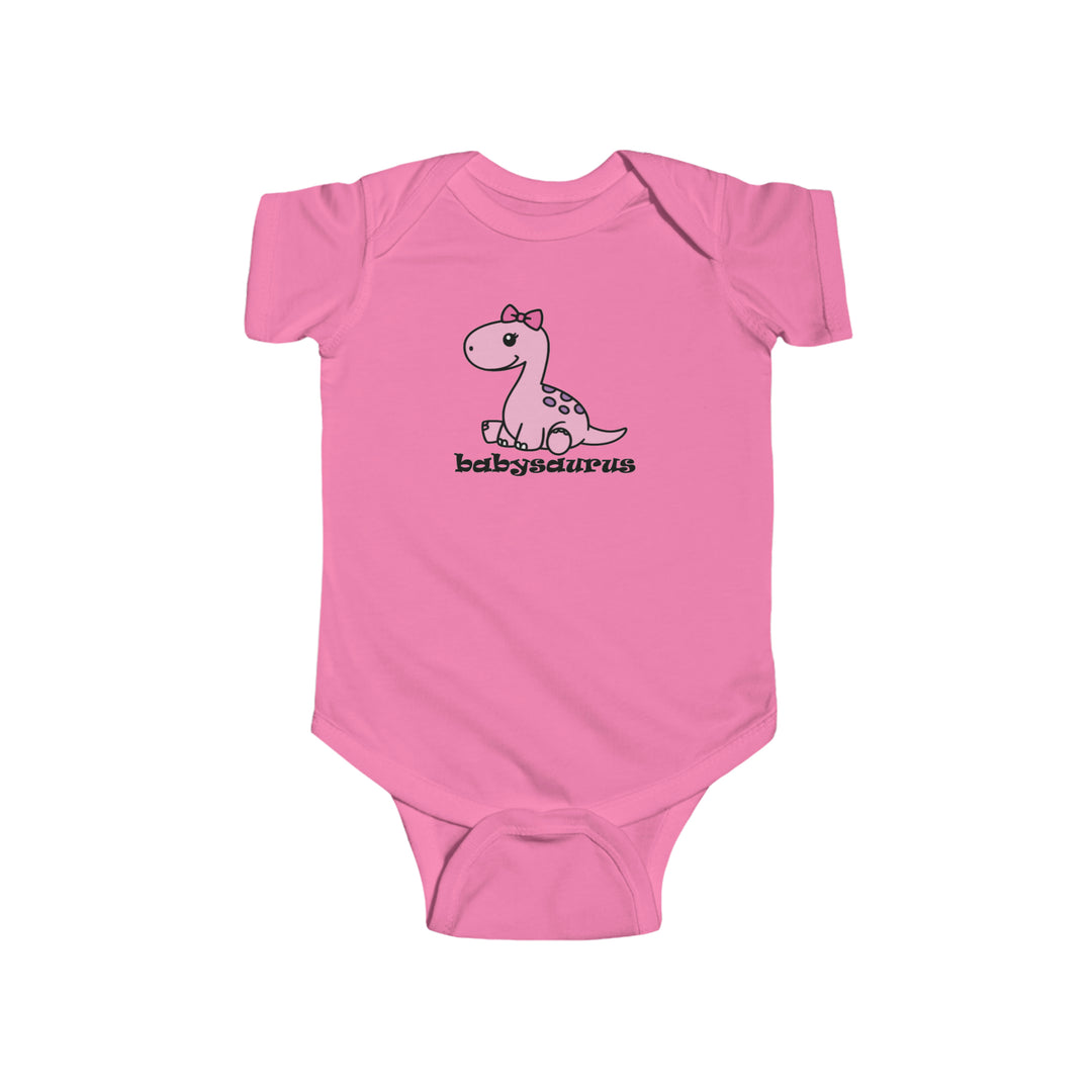 A durable and soft pink baby bodysuit featuring a cartoon dinosaur design, perfect for infants. Made of 100% cotton, with ribbed knitting for durability and plastic snaps for easy changing access. From Worlds Worst Tees.