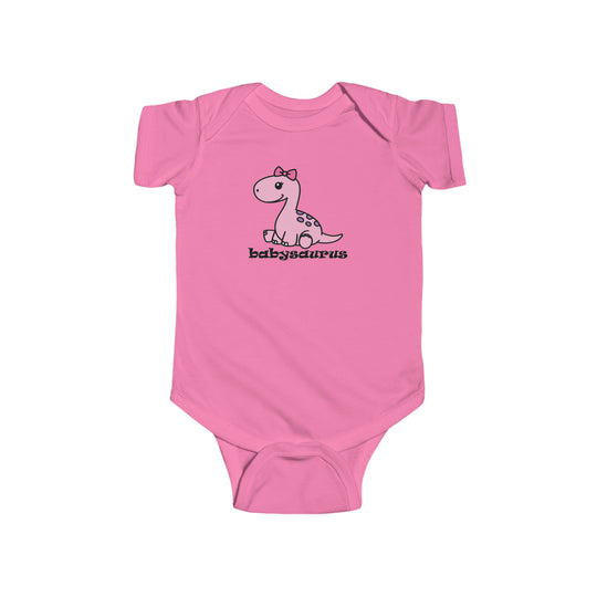 A durable and soft pink baby bodysuit featuring a cartoon dinosaur design, perfect for infants. Made of 100% cotton, with ribbed knitting for durability and plastic snaps for easy changing access. From Worlds Worst Tees.