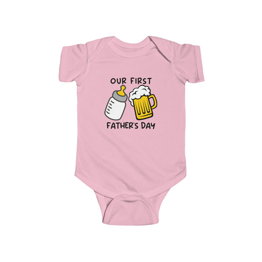 A durable and soft infant fine jersey bodysuit, perfect for Our First Father's Day. Features 100% cotton fabric, ribbed knitting bindings, and plastic snaps for easy changing access. From Worlds Worst Tees.