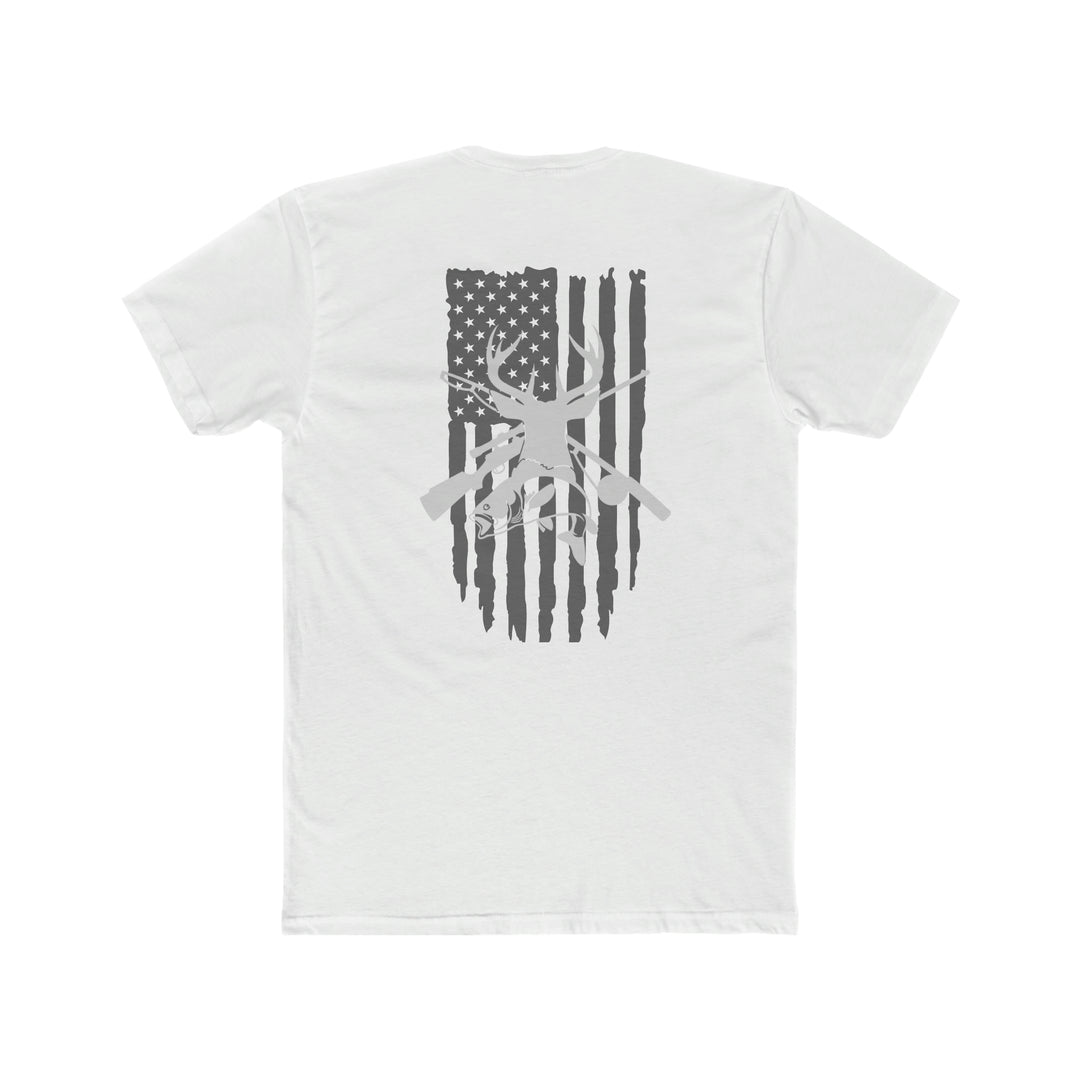 Real American Tee featuring a back view of a white shirt with a flag, deer, and bug. Premium fit, 100% combed cotton, light fabric, ideal for workouts. Sizes XS to 4XL available.