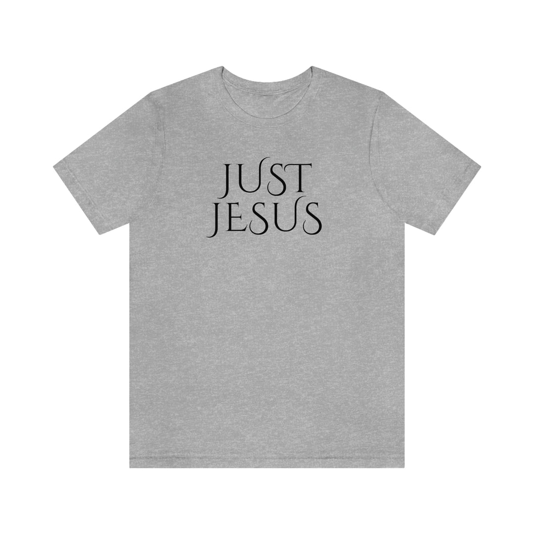A beloved Just Jesus Tee in soft cotton, featuring ribbed collars, taping for fit, and dual side seams for shape retention. Unisex, light fabric, retail fit. From Worlds Worst Tees.