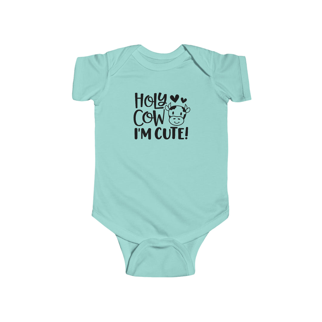 Infant fine jersey bodysuit featuring Holy Cow I'm Cute text with a cow design. 100% cotton fabric, ribbed knit bindings, and plastic snaps for easy changing access. From Worlds Worst Tees.