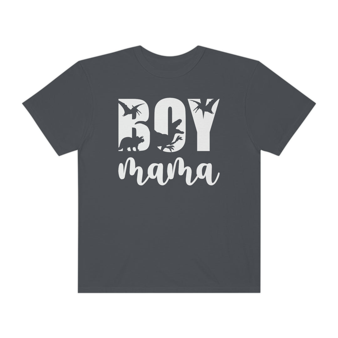 Total Boy Mama Tee: A grey t-shirt with white text featuring dinosaurs. 100% ring-spun cotton, garment-dyed for coziness. Relaxed fit, durable double-needle stitching, and seamless design. Sizes S to 3XL.