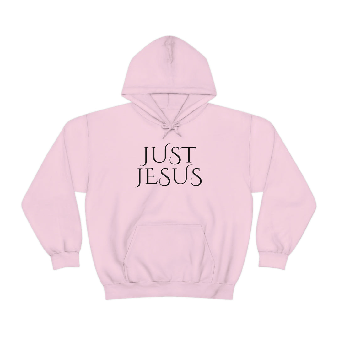 Unisex Just Jesus Hoodie: A cozy blend of cotton and polyester, featuring a kangaroo pocket and drawstring hood. Classic fit, tear-away label, ideal for printing.