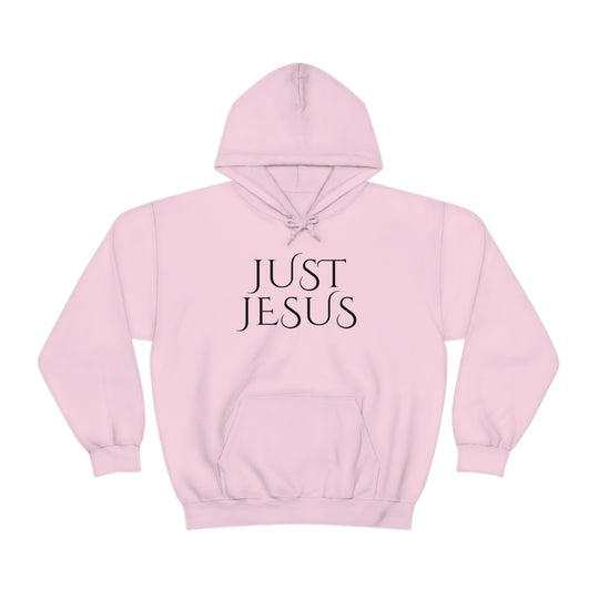 Unisex Just Jesus Hoodie: A cozy blend of cotton and polyester, featuring a kangaroo pocket and drawstring hood. Classic fit, tear-away label, ideal for printing.