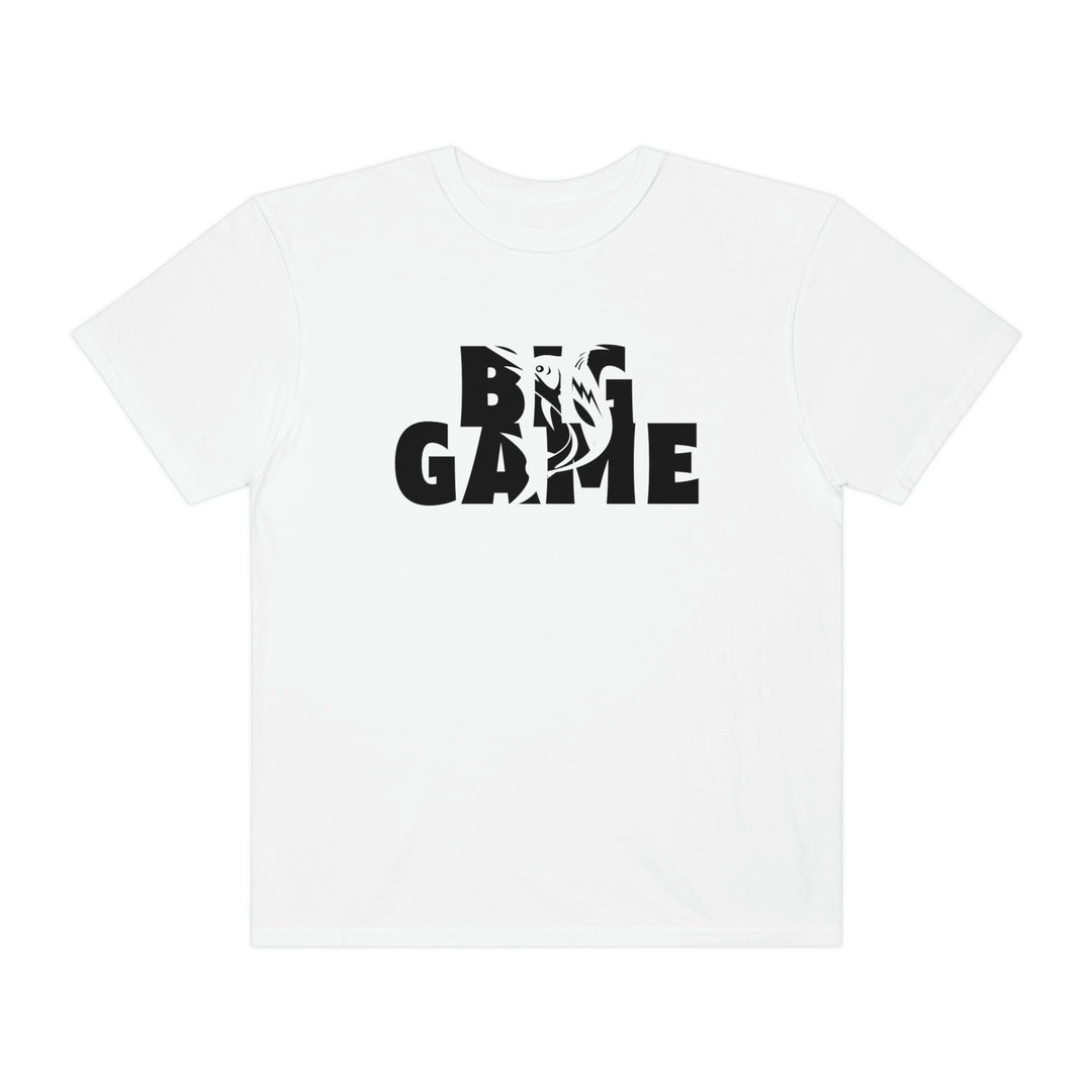 Comfort Colors BIG GAME FISHER Tee: White tee with black text. 100% ring-spun cotton, relaxed fit, durable double-needle stitching, seamless design. Ideal for daily wear.