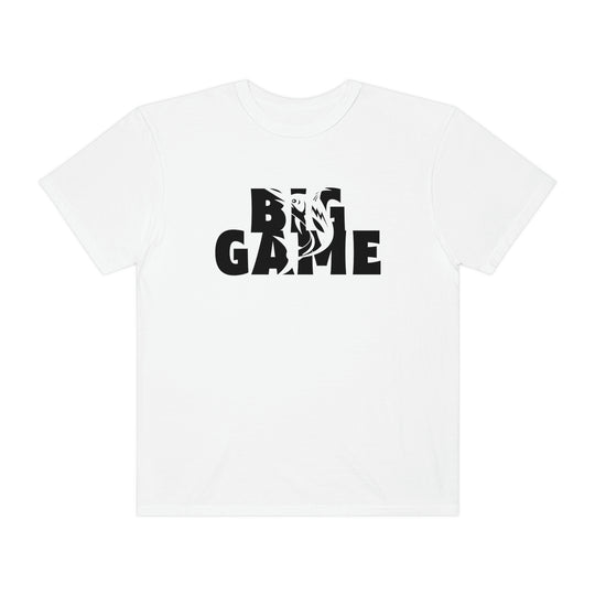 Comfort Colors BIG GAME FISHER Tee: White tee with black text. 100% ring-spun cotton, relaxed fit, durable double-needle stitching, seamless design. Ideal for daily wear.