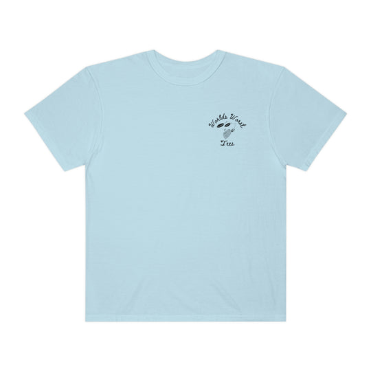 Relaxed fit Bait Fishin Tee: Light blue shirt with black logo. 100% ring-spun cotton, durable double-needle stitching, no side-seams for tubular shape. Sizes S-3XL.
