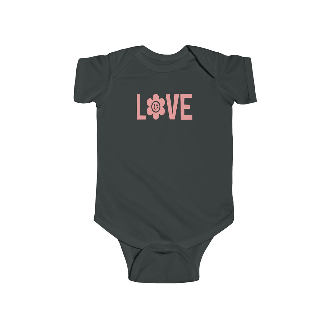 A durable and soft Love Onesie for infants, featuring 100% cotton fabric, ribbed knitting bindings, and plastic snaps for easy changing access. Combed ringspun cotton, light fabric, tear away label.
