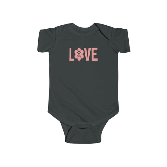 A durable and soft Love Onesie for infants, featuring 100% cotton fabric, ribbed knitting bindings, and plastic snaps for easy changing access. Combed ringspun cotton, light fabric, tear away label.