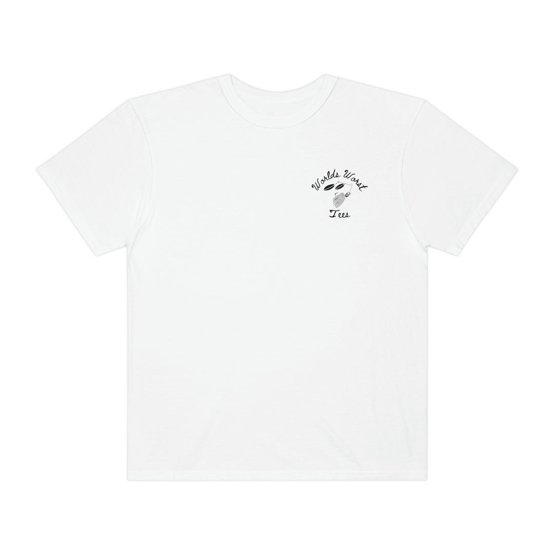 Relaxed fit Bait Fishin Tee, 100% ring-spun cotton. Soft-washed, durable, with double-needle stitching. No side-seams for a tubular shape. Garment-dyed white t-shirt with logo.