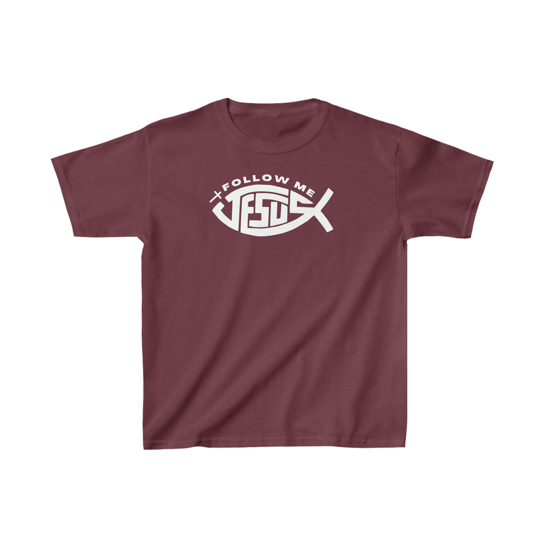 Kids Jesus Follow Me Tee: Red tee with white design. 100% cotton, ideal for printing. Twill tape shoulders, ribbed collar. No side seams. XS-XL sizes. Light fabric, classic fit.