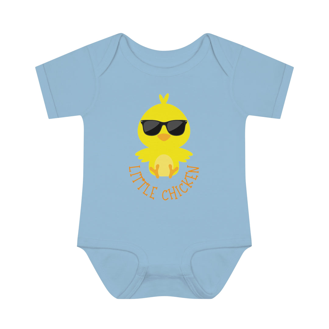 A Little Chicken Onesie for infants, featuring a cartoon duck in sunglasses. Soft ring-spun cotton, lap shoulders for easy dressing, and a unisex fit. Ideal for younglings. From Worlds Worst Tees.