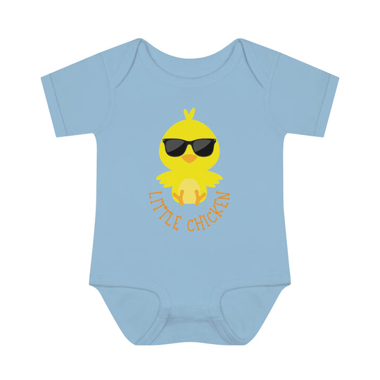 A Little Chicken Onesie for infants, featuring a cartoon duck in sunglasses. Soft ring-spun cotton, lap shoulders for easy dressing, and a unisex fit. Ideal for younglings. From Worlds Worst Tees.