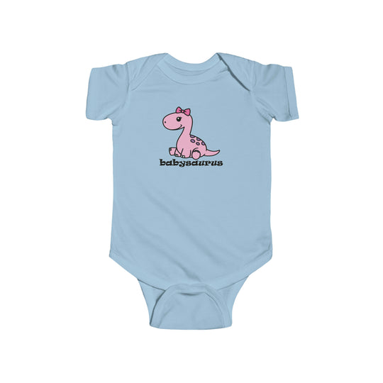 A durable and soft infant fine jersey bodysuit featuring a pink dinosaur cartoon design. 100% cotton fabric, ribbed knit bindings, and plastic snaps for easy changing access. From Worlds Worst Tees, known for unique graphic t-shirts.