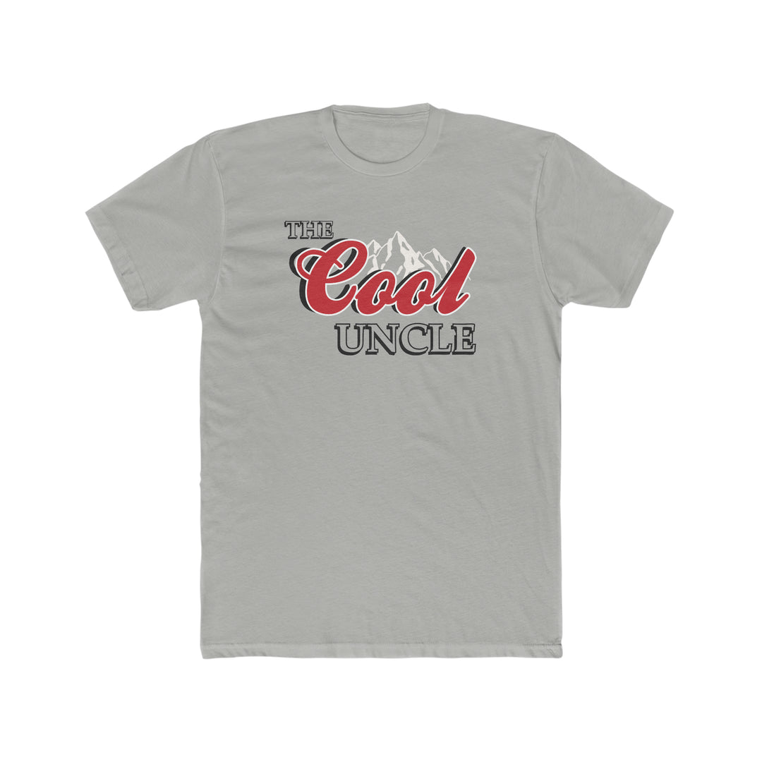 A premium fitted men’s t-shirt, The Cool Uncle Tee, featuring a logo on a grey background. Made of 100% combed, ring-spun cotton with a light weight fabric for a comfortable fit.