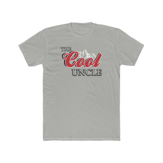 A premium fitted men’s t-shirt, The Cool Uncle Tee, featuring a logo on a grey background. Made of 100% combed, ring-spun cotton with a light weight fabric for a comfortable fit.