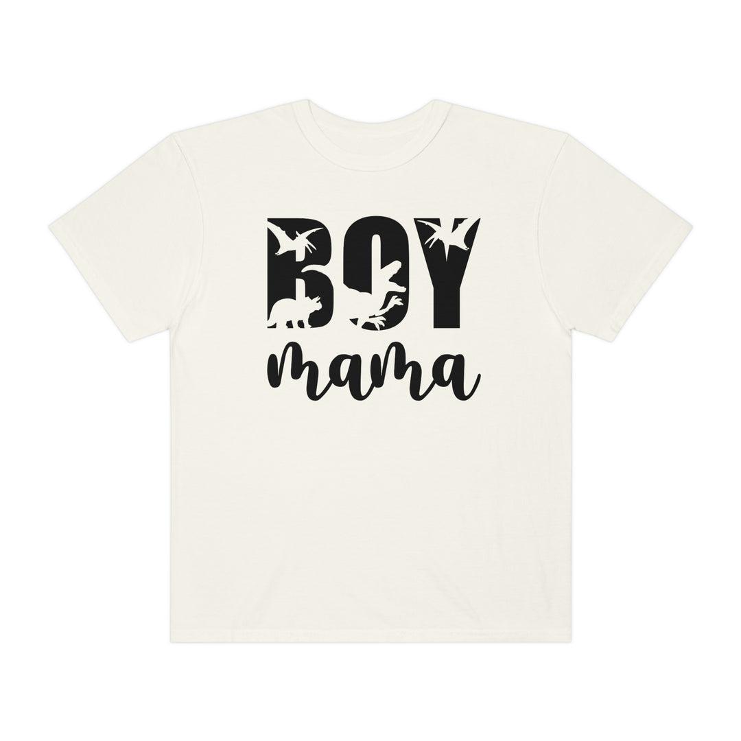 A Total Boy Mama Tee, a white shirt with black text, 100% ring-spun cotton, medium weight, relaxed fit, double-needle stitching, no side-seams, durable, and cozy.