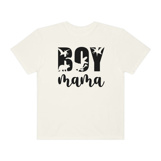 A Total Boy Mama Tee, a white shirt with black text, 100% ring-spun cotton, medium weight, relaxed fit, double-needle stitching, no side-seams, durable, and cozy.