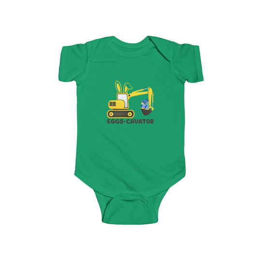 Eggs-Cavator Onesie: Green baby bodysuit with cartoon bulldozer and excavator. 100% cotton, 4.5 oz, ribbed bindings, plastic snaps for easy changing. Durable, soft, tear away label. From Worlds Worst Tees.