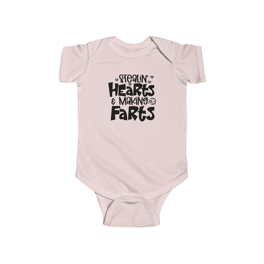 Infant fine jersey bodysuit featuring Stealin Hearts and Making Farts title. 100% cotton fabric, ribbed knit bindings, plastic snaps at closure. From Worlds Worst Tees.